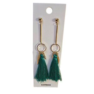 Express Women's Trendy Gold Plated Long Green Tassel Leaf Charm Earrings NWT